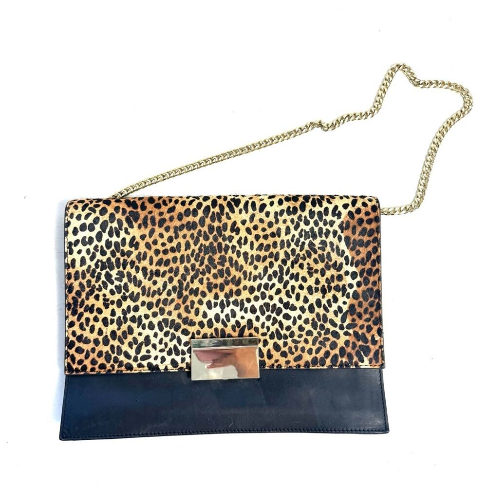 Vince Camuto Black Leopard Print Leather Shoulder Bag Clutch